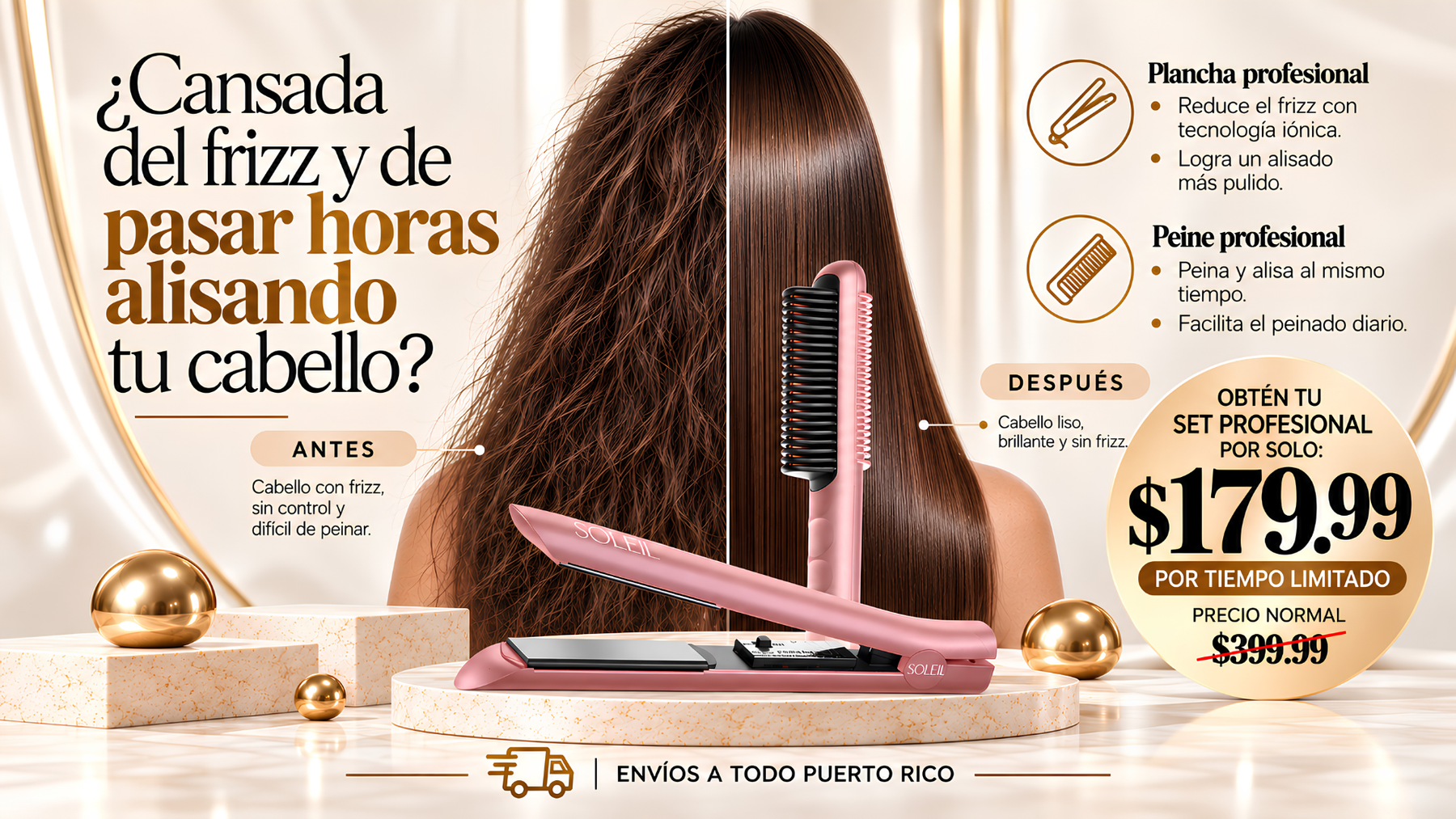 Set Profesional Soleil: plancha y peine profesional por $179.99, antes $399.99. Envíos a todo Puerto Rico.