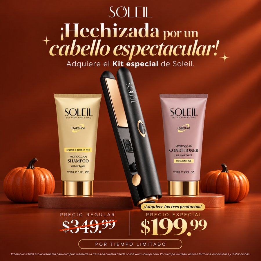 Oferta de Halloween del kit Soleil IR+ con shampoo y acondicionador